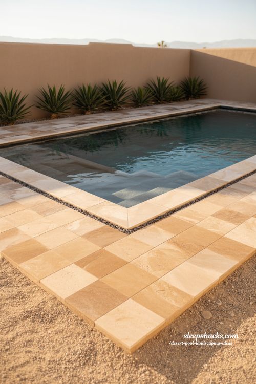 Travertine desert pool deck with agave border landscaping ideas southwestern modern backyard pool