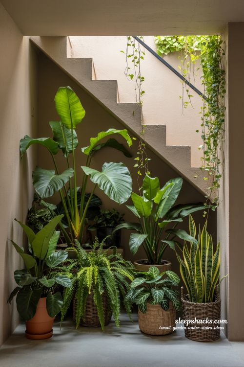 Tropical under stairs green corner with bold plants and relaxed natural decor 