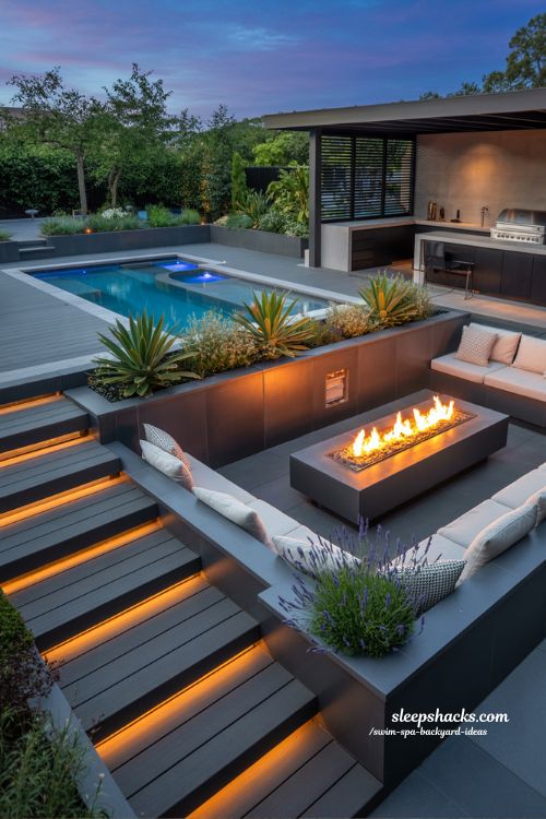 Ultimate 2026 integrated backyard transformation with swim spa, sunken fire lounge, and outdoor kitchen