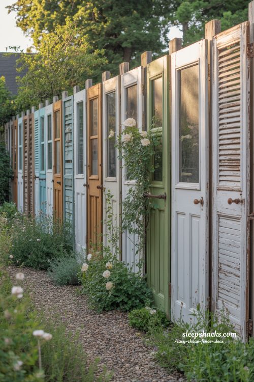 Upcycled wood fence ideas using old doors shutters and window frames for creative backyard privacy design