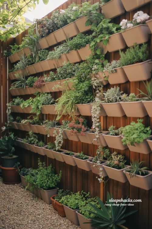 Vertical garden fence ideas for small backyard privacy with living plant wall and herb planter design