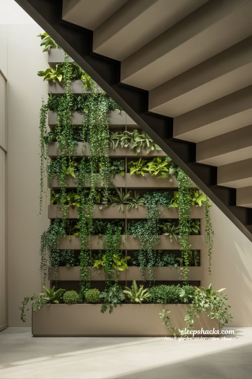 Vertical green wall under stairs with modern space saving indoor plant design 