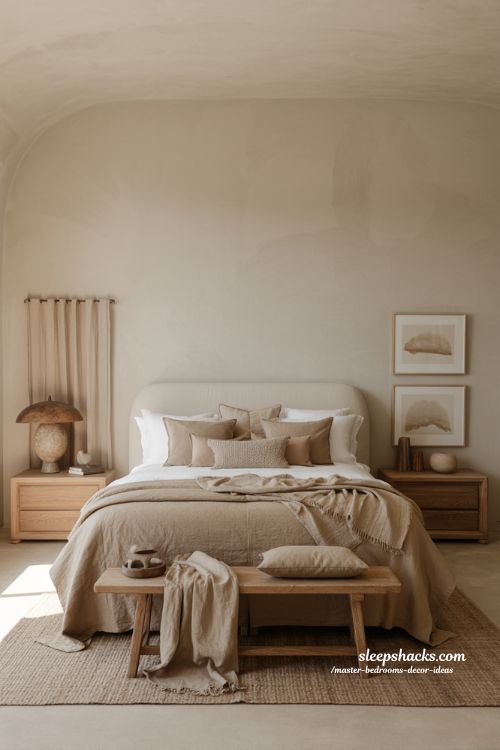 Warm neutral master bedroom decor ideas with earthy calming tones 