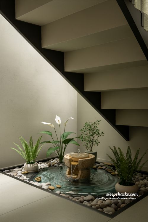 Water feature garden corner under stairs with small fountain and calming indoor Zen decor 