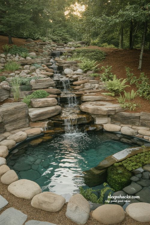 Waterfall swim pond natural mountain stream backyard design with stone cascade and bog filtration