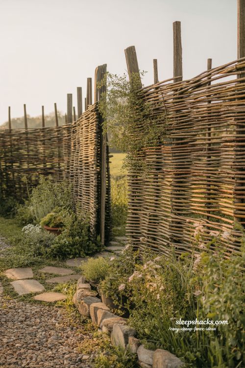 Wattle fence ideas for natural backyard boundary with woven branches and cottage garden design