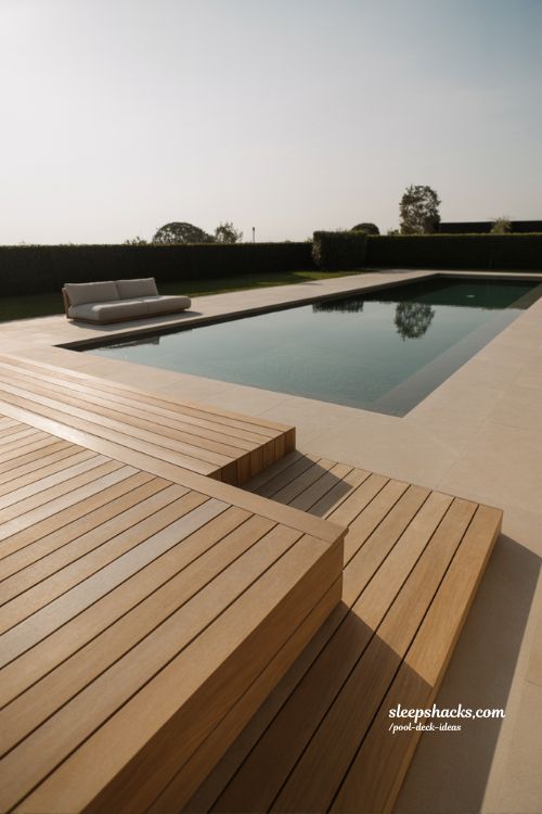 Weathered wood pool deck with silver gray patina and modern coastal backyard style (1)
