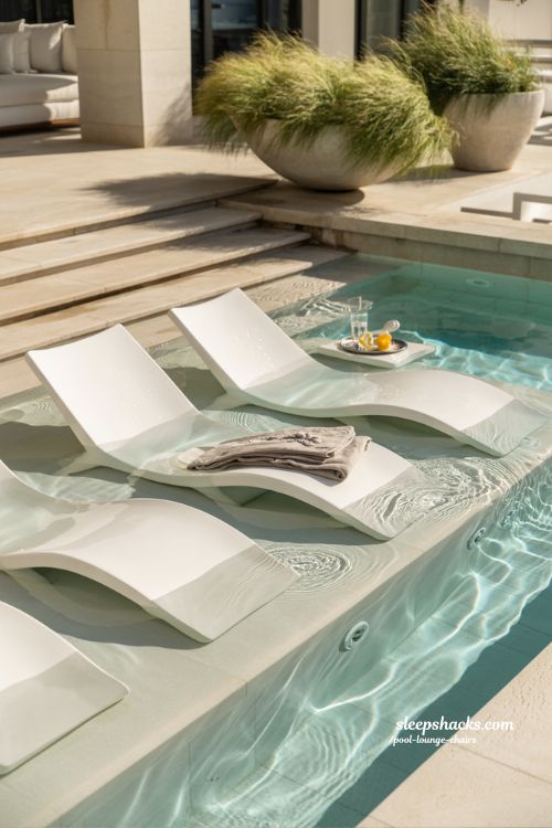 White in-pool tanning ledge lounge chairs on a luxury backyard resort style sun shelf 