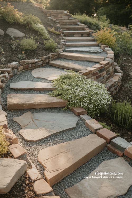 Wildflower meadow on steep sloped backyard with native plants and natural erosion control 