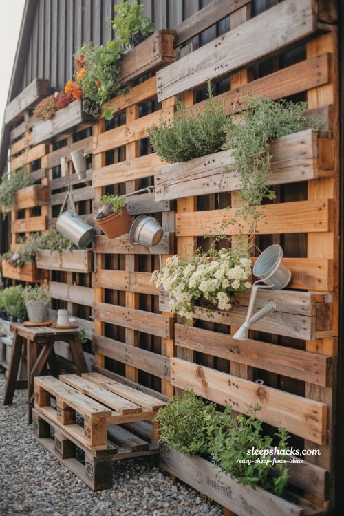 Wood pallet fence ideas with vertical planter garden and rustic backyard privacy design