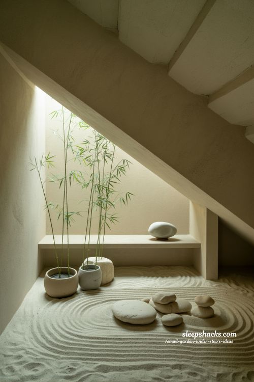 Zen inspired small garden under stairs with sand stones and bamboo calm decor 