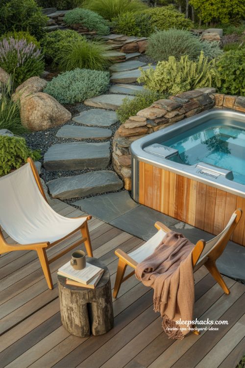backyard swim spa integrated with natural stone and weathered cedar decking and native plants