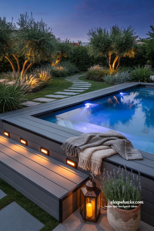 backyard swim spa with dynamic evening lighting and cozy modern decking for a magical night ambiance