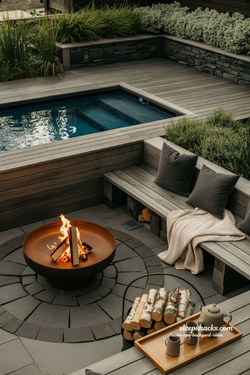 backyard with swim spa and adjacent fire pit lounge on cedar deck for cozy evenings