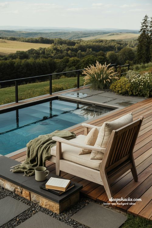 backyard with swim spa oriented to frame scenic views of rolling hills and forest