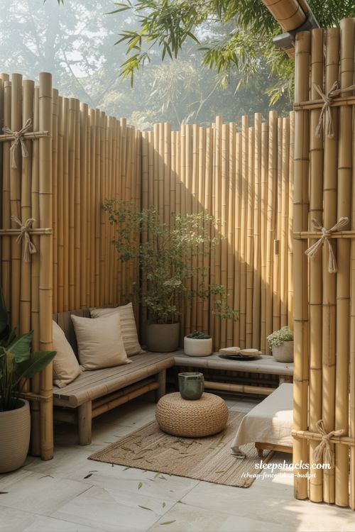 bamboo screen fence for cheap backyard privacy with calm natural outdoor retreat vibe 