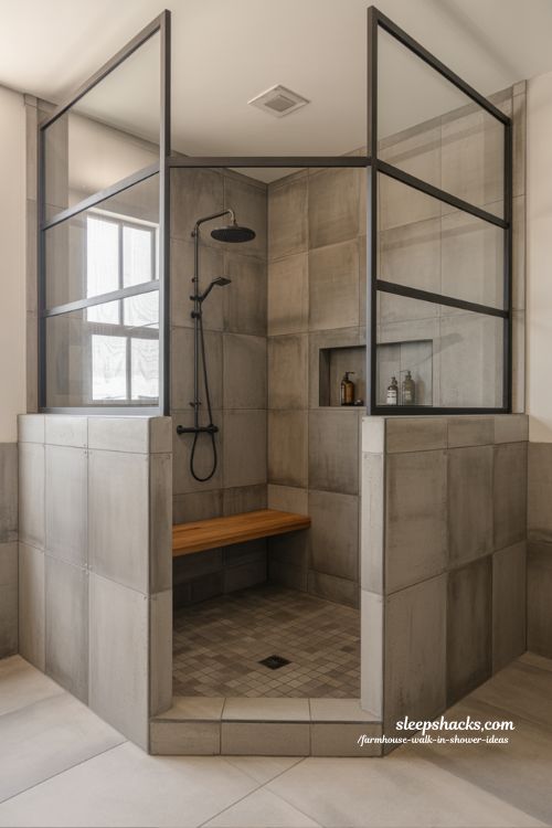barndominium inspired walk in shower with concrete tile and black steel industrial farmhouse bathroom design