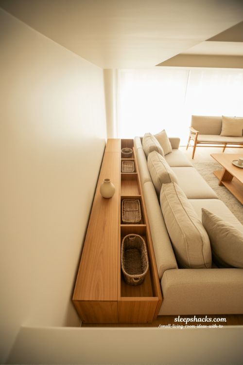 behind sofa storage ideas for hidden organization in a small modern living room with clean design