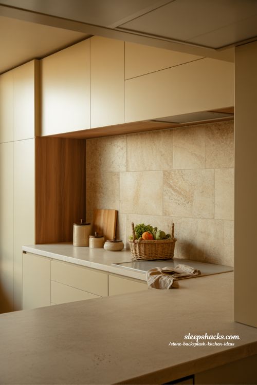 beige natural stone kitchen backsplash for warm cozy and calming interior design