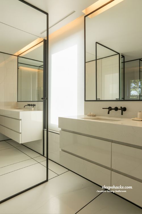 black and white modern luxury bathroom contrast design with marble stone minimalist spa style and timeless elegant interior 