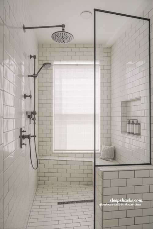 black fixtures and white tile modern farmhouse walk in shower with matte black hardware and oversized subway tile design