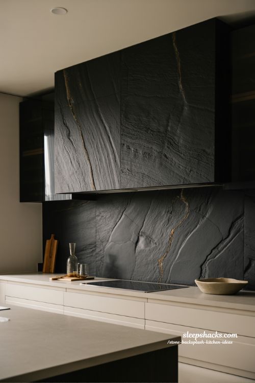 black stone backsplash kitchen for bold contrast with modern elegant design and light balance