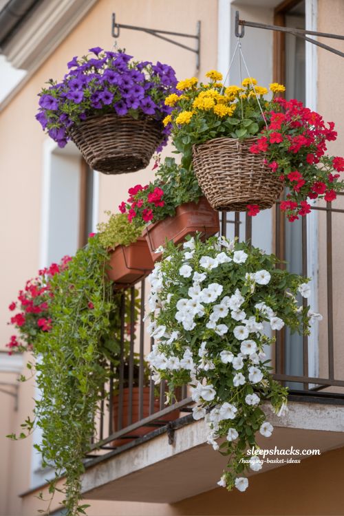bold color contrast hanging basket ideas with vibrant flowers for eye catching balcony garden design