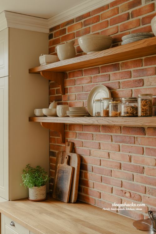 brick kitchen with wooden open shelving warm rustic kitchen design with natural textures and cozy open storage