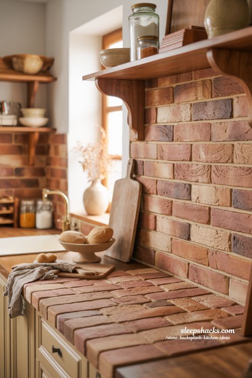 brick style stone kitchen backsplash for classic charm with warm rustic cozy kitchen design