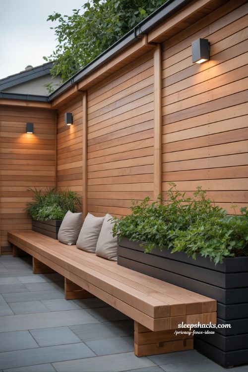 built in bench along privacy fence ideas for small backyard seating with planter boxes and outdoor lighting