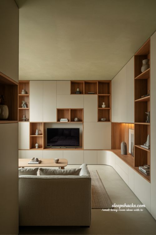built in tv wall design for a seamless modern small living room with hidden storage and clean look