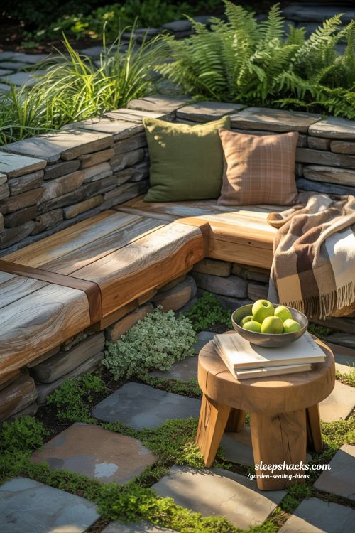 built in wooden garden bench ideas integrated into stone wall with cozy cushions and green plants for a permanent outdoor seating area
