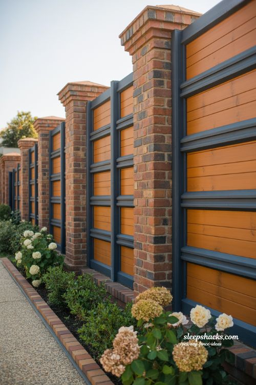 cedar privacy fence ideas with brick pillars for an elegant estate style backyard boundary design