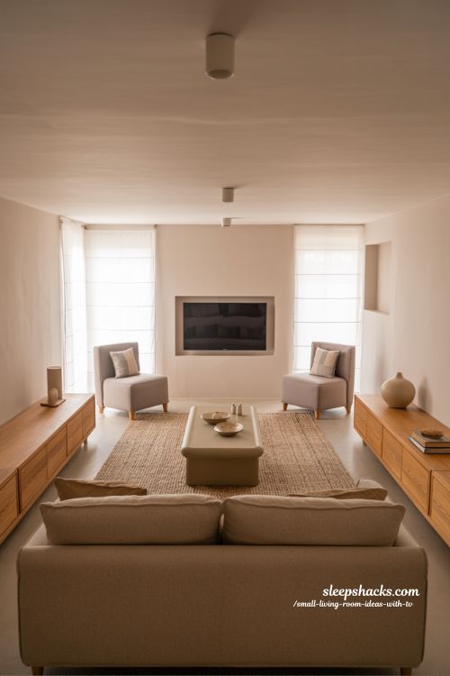 center stage tv layout for a balanced small living room with clean minimalist design
