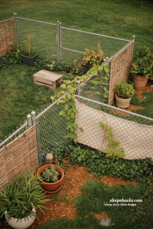 chain link fence upgrade with bamboo and plants for cheap backyard privacy makeover 