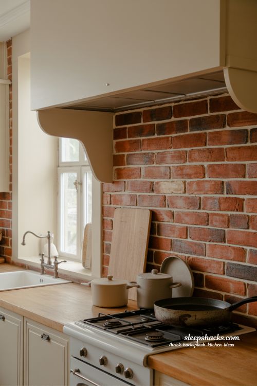 classic red brick backsplash kitchen timeless warm farmhouse kitchen design with natural textures