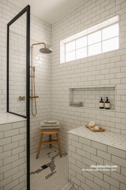 classic white subway tile farmhouse walk in shower with dark grout and brass fixtures in timeless bathroom design