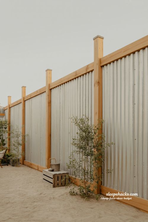 corrugated metal and wood fence design for cheap modern backyard privacy 