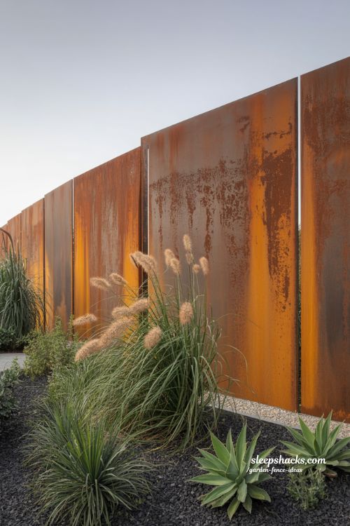 corten steel garden fence with rust patina and ornamental grasses in modern landscape design