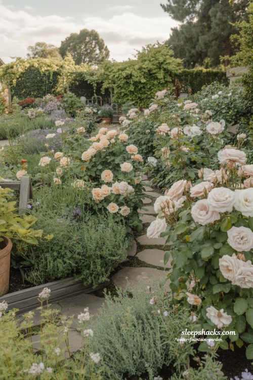 cottage style rose garden ideas with soft layered planting lavender and herbs in a natural dreamy garden design