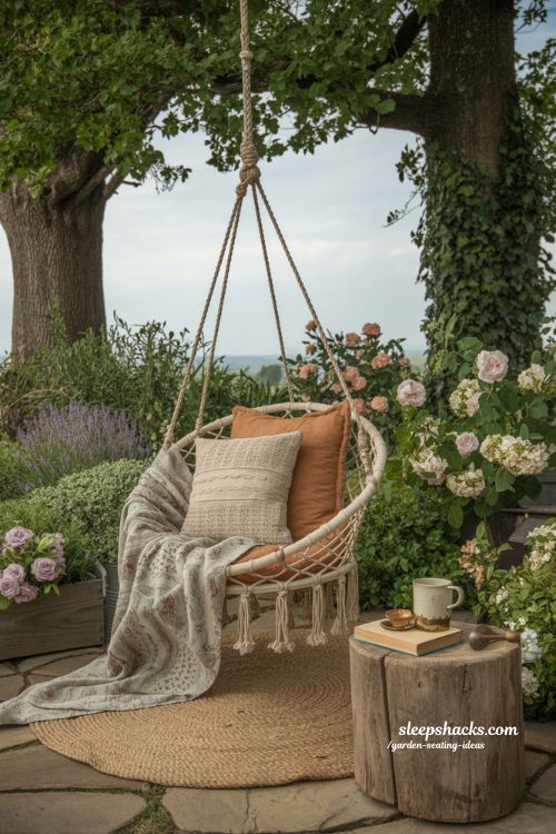 cozy outdoor hanging chair corner in a lush cottage garden with natural macrame and soft throws for a relaxing escape