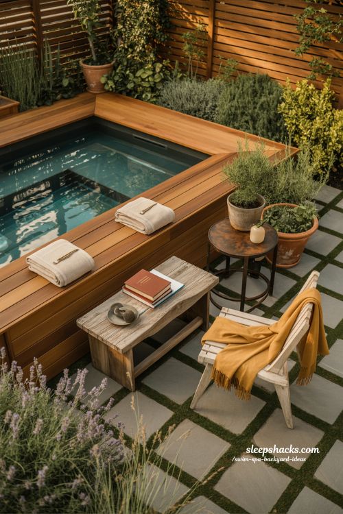 cozy swim spa backyard design with natural wood decking and landscaping in a small lot