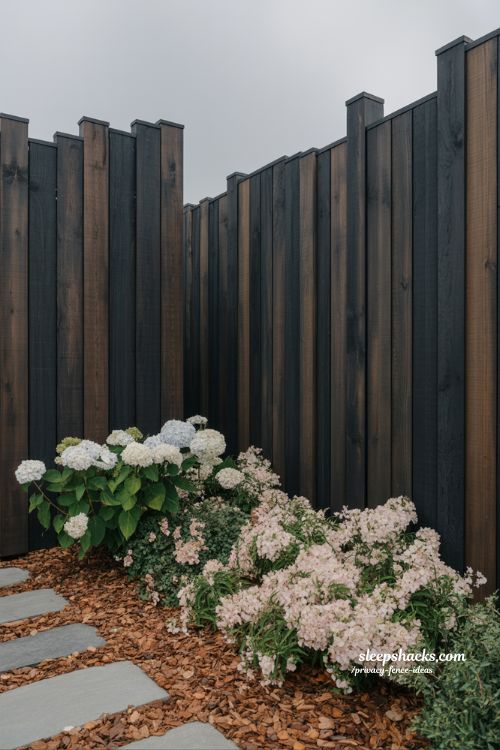 dark stained wood privacy fence ideas for a moody backyard backdrop with modern garden contrast
