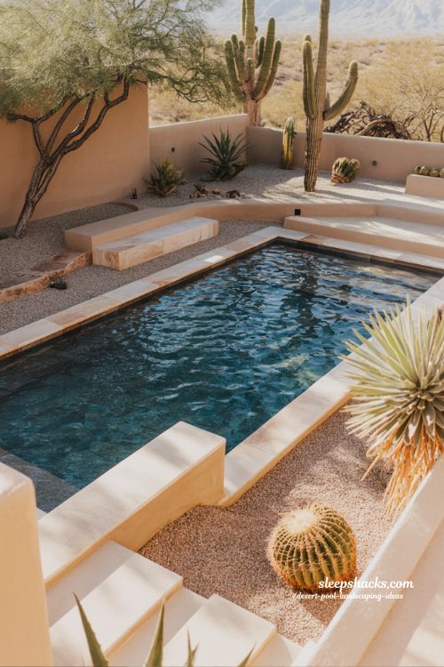 desert pool landscaping ideas with modern southwest stone and cactus garden oasis at golden hour