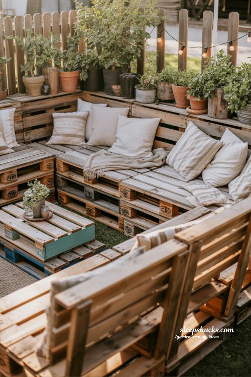 diy pallet garden seating ideas with cozy cushions and budget friendly outdoor lounge setup 