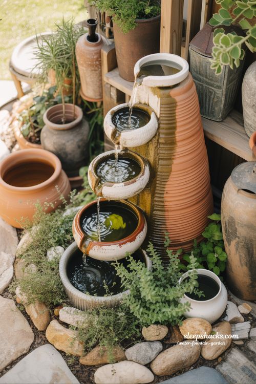 diy water fountain garden ideas using recycled pots for creative handmade outdoor beauty