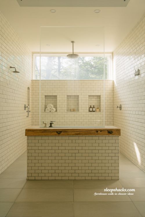 doorless walk in shower farmhouse design with half wall and reclaimed wood cap spa style bathroom idea