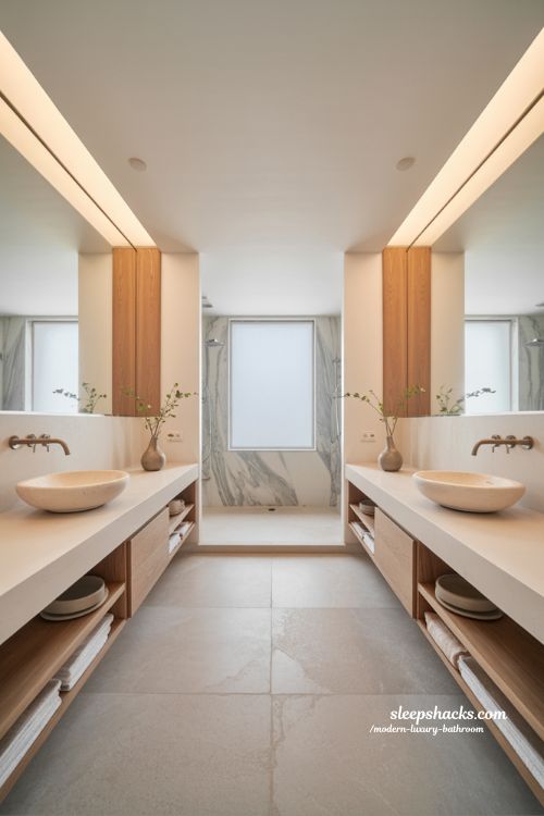 double vanity modern luxury bathroom layout ideas with symmetrical mirrors floating cabinets and spa inspired lighting 