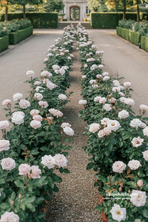 driveway rose garden ideas with symmetrical rows and elegant entrance landscaping for strong first impression curb appeal