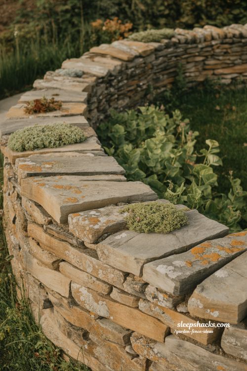 dry stack stone garden wall fence with moss and creeping thyme in timeless cottage landscape